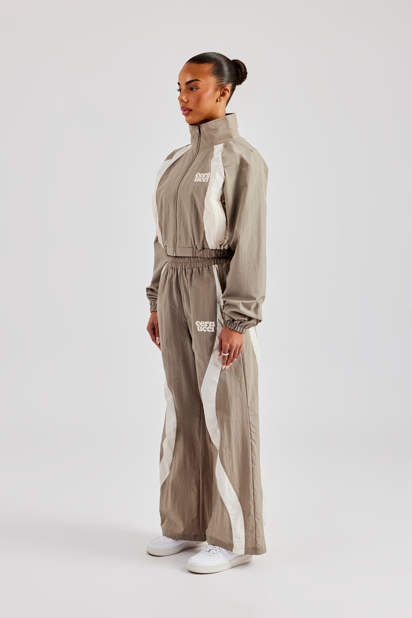 Contrast Panel Nylon Wide Leg Trouser - Khaki